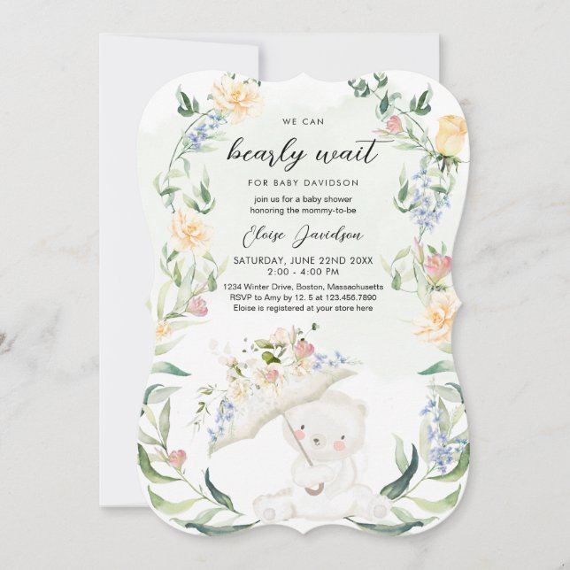 Greenery Bear Gender Neutral Floral Baby Shower In Invitation (Front)