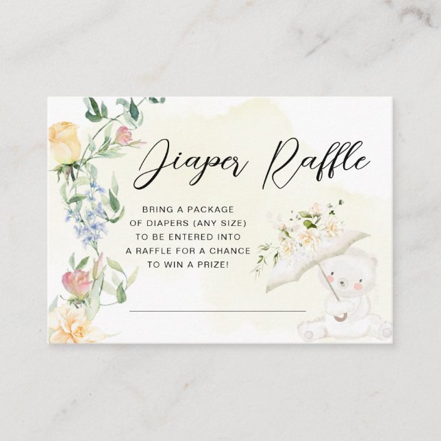 Greenery Bear Gender Neutral Floral Diaper Raffle  Enclosure Card (Front)