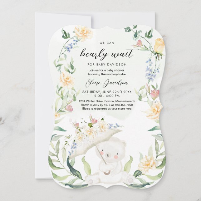 Greenery Bear Gender Neutral Yellow Baby Shower Invitation (Front)