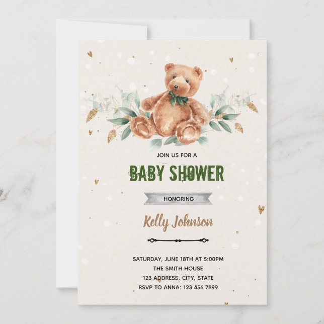 Greenery bear shower birthday invitation (Front)