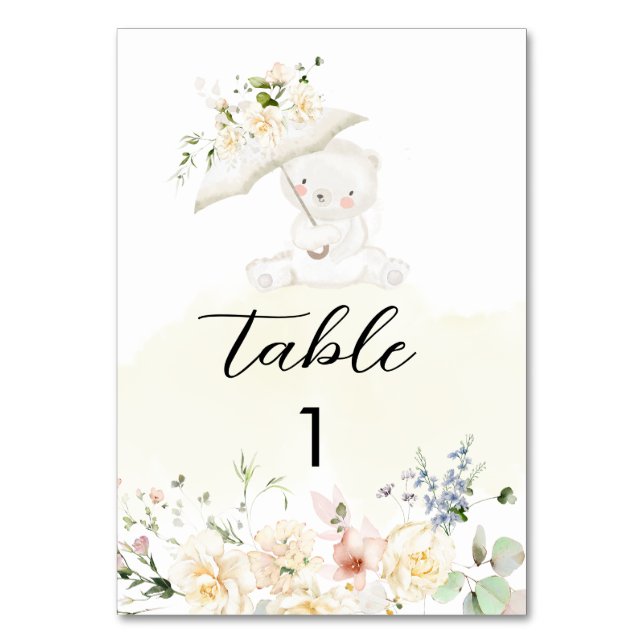 Greenery Bear Yellow Neutral Floral Baby Shower   Table Number (Front)