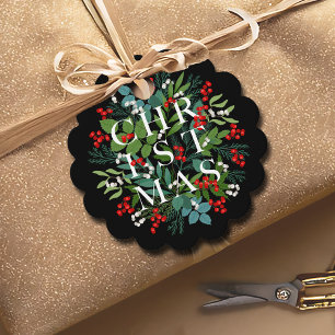 Greenery Berries CHRISTMAS Typography Black Favour Tags