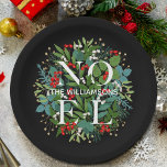 Greenery Berries NOEL Christmas Paper Plate<br><div class="desc">The word NOEL and your name among winter leaves and red,  white and gold berries on a black background (or any colour),  these small paper plates are elegant for any holiday Christmas occasion. MATCHING items in our store.</div>