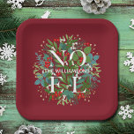Greenery Berries NOEL Christmas Red Paper Plate<br><div class="desc">The word NOEL and your name among winter leaves and red,  white and gold berries on a deep cranberry red background (or any colour),  these square paper plates are elegant for any holiday Christmas occasion. MATCHING items in our store.</div>