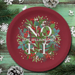 Greenery Berries NOEL Christmas Red Paper Plate<br><div class="desc">The word NOEL and your name among winter leaves and red,  white and gold berries on a deep cranberry red background (or any colour),  these paper plates are elegant for any holiday Christmas occasion. MATCHING items in our store.</div>