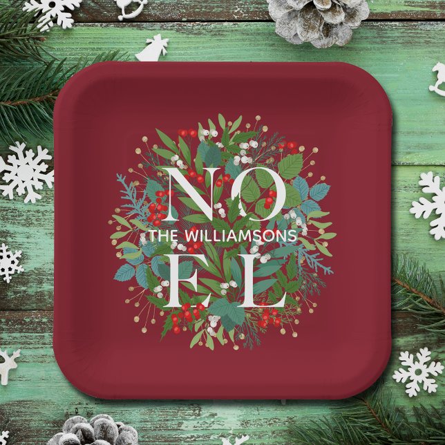 Greenery Berries NOEL Christmas Red Paper Plate (Creator Uploaded)