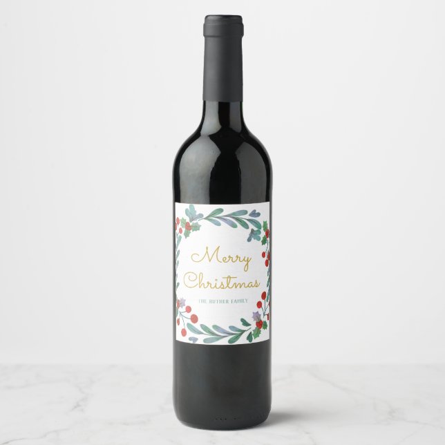 Greenery berry Christmas wreath Wine Label (Front)
