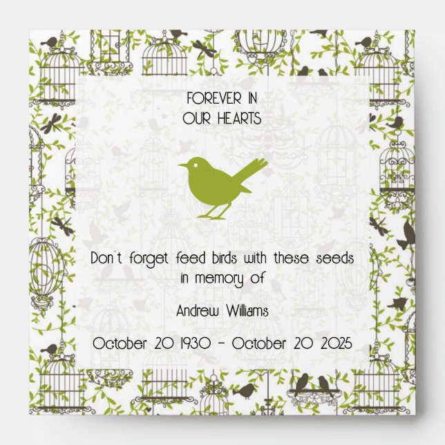 Greenery & Birdcage Memorial Bird Seed Envelope (Front)
