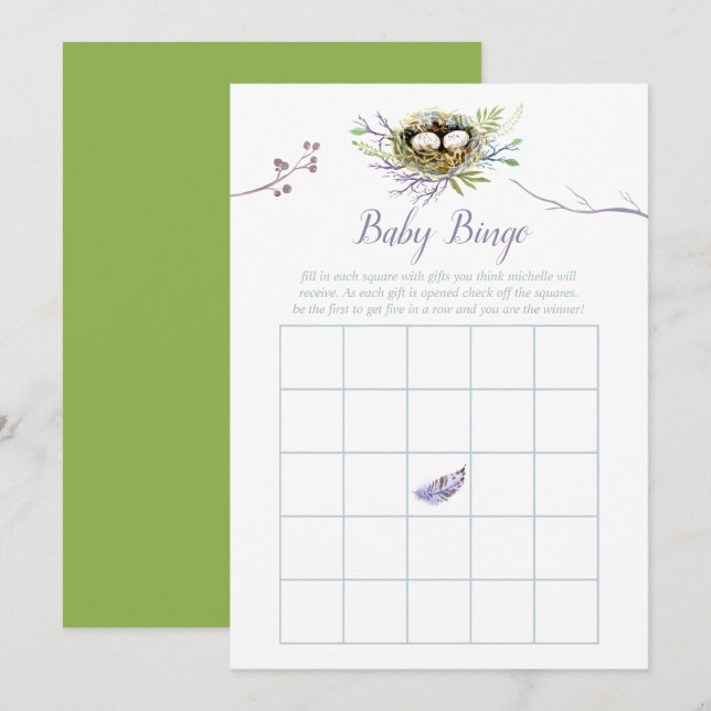 Greenery Birds Nest Twins Baby Shower Bingo Invitation (Front/Back)