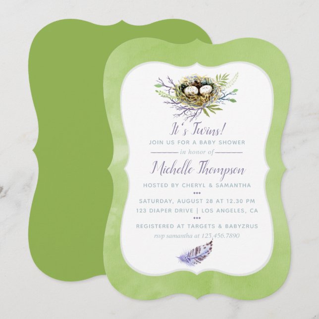 Greenery Birds Nest Twins Baby Shower Invite (Front/Back)