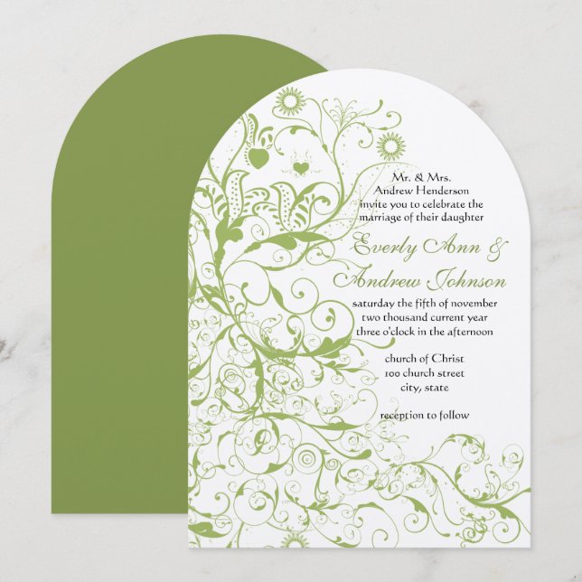 Greenery Birds & Swirls #17 Wedding Invitations (Front/Back)