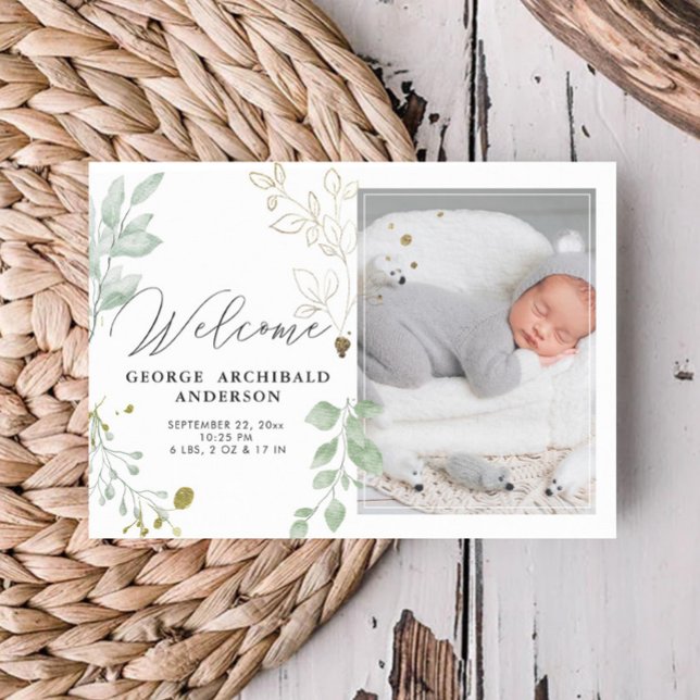 Greenery Birth Announcement Photo Card (Creator Uploaded)