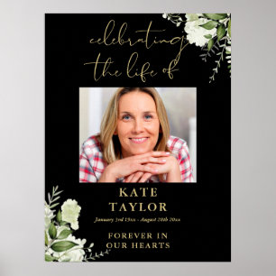 Greenery Black And Gold Celebration Of Life Photo Poster