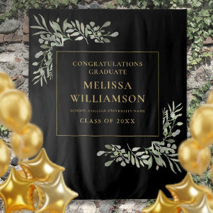 Greenery Black And Gold Graduation Photo Backdrop Tapestry