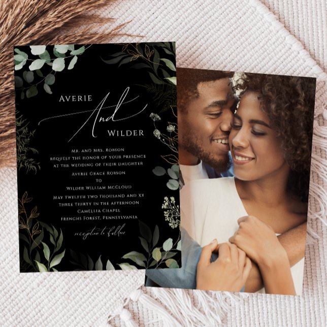 Greenery Black And Gold Photo Traditional Wedding Invitation (Creator Uploaded)