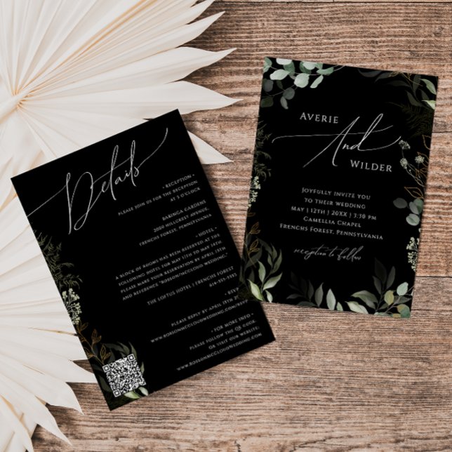 Greenery Black and Gold QR Code All In One Wedding Invitation (Creator Uploaded)