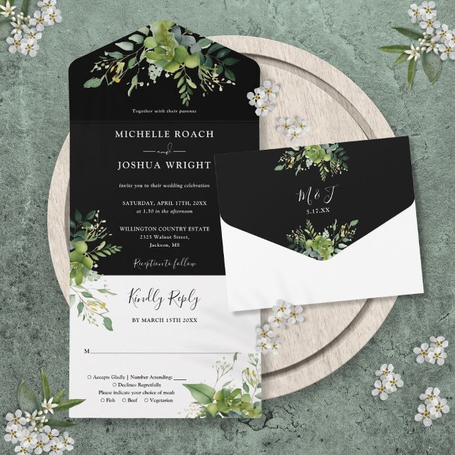 Greenery Black And White Monogram Wedding All In One Invitation (Greenery Black And White Monogram Wedding All In One Invitation)