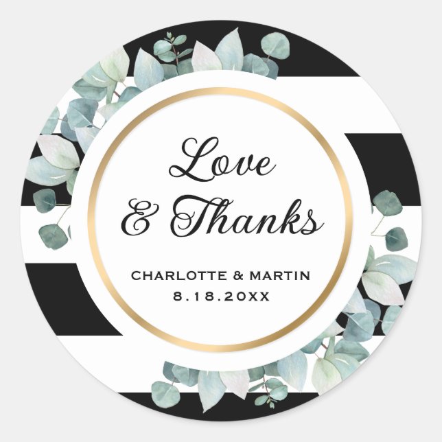 Greenery Black and White Striped Wedding Stickers (Front)