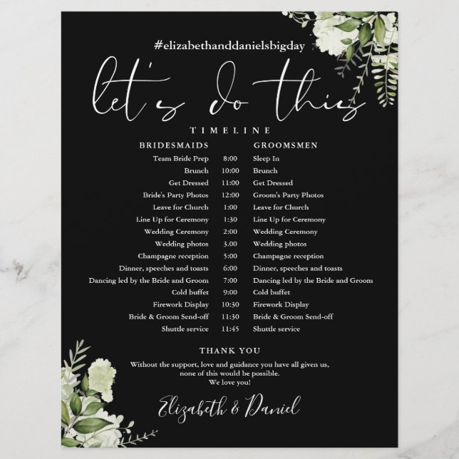 Greenery Black And White Wedding Schedule Timeline (Front)