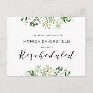 Greenery, Black font, Bridal Shower Reschedule Postcard