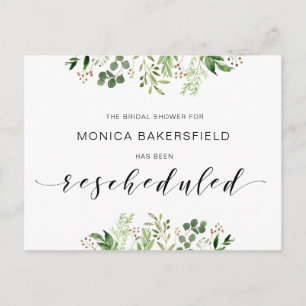 Greenery, Black font, Bridal Shower Reschedule Postcard