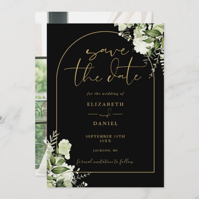 Greenery Black Gold Arch Photo Wedding Save The Date (Front/Back)