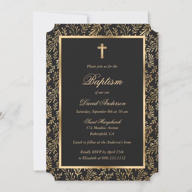 Greenery Black Gold Cross Script Baptism Invitation (Front)