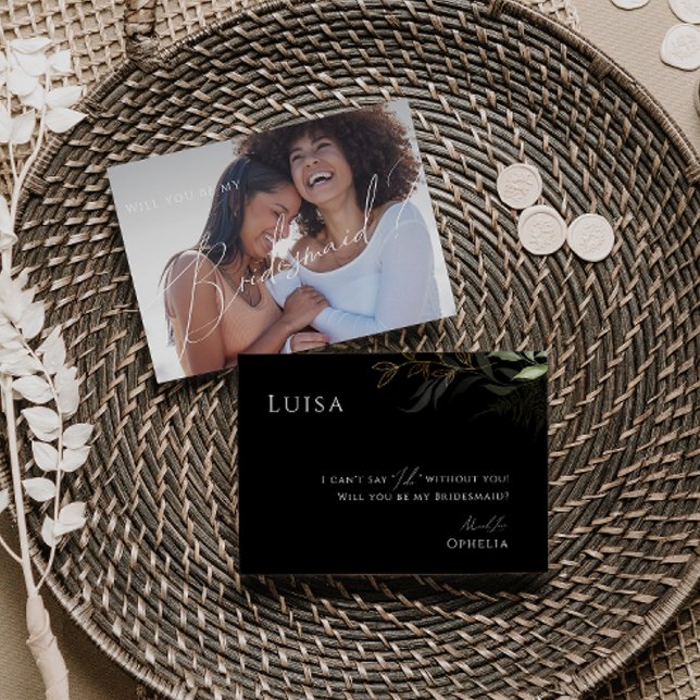 Greenery Black Gold Faded Photo Bridesmaid Card (Creator Uploaded)
