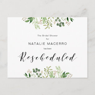 Greenery, Black, Modern Bridal Shower Rescheduled Postcard