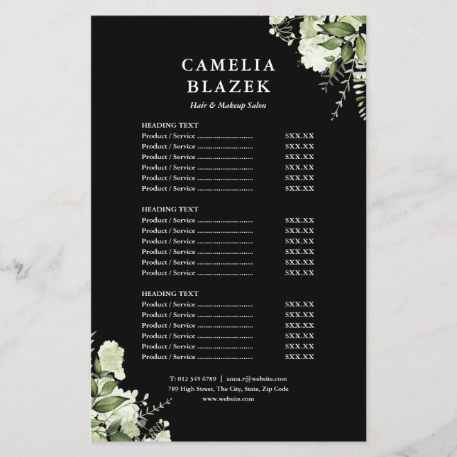 Greenery Black Salon Service Menu Price List (Front)