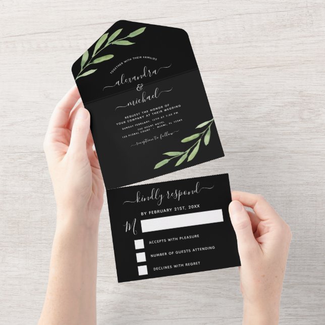 Greenery Black Simple Elegant Wedding RSVP All In One Invitation (Tearaway)