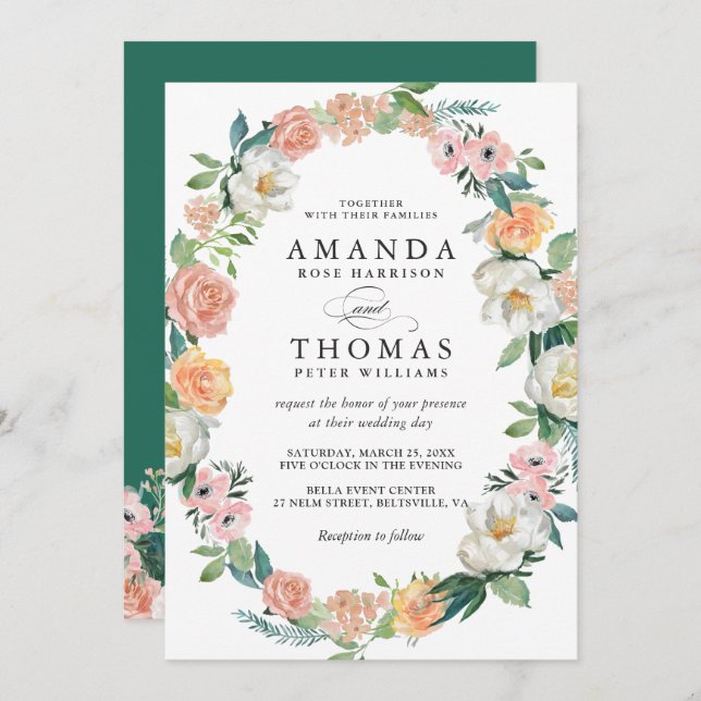 Greenery Bloom Garden Floral Wreath Wedding Invitation (Front/Back)