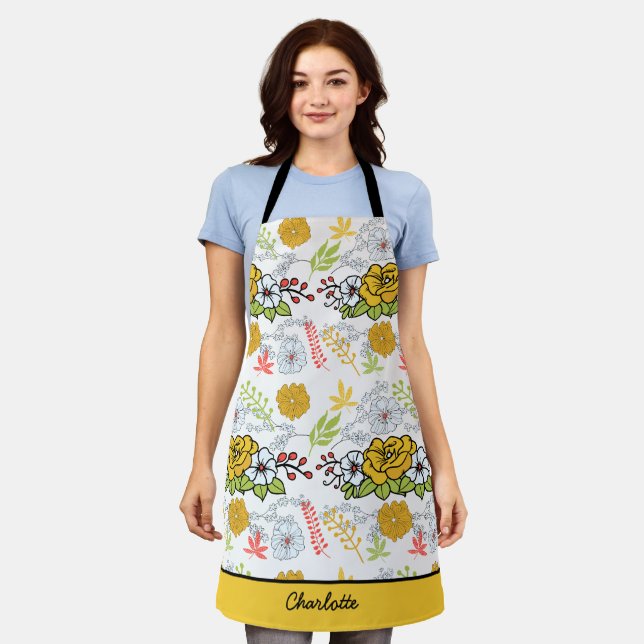 Greenery blossom floral pattern personalised name apron (Worn)