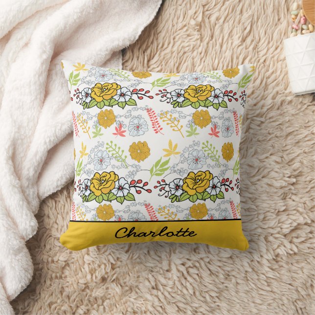 Greenery blossom floral pattern personalised name cushion (Blanket)