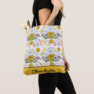 Greenery blossom floral pattern personalised name tote bag