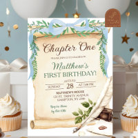 Greenery Blue Bow Storybook Chapter One Birthday
