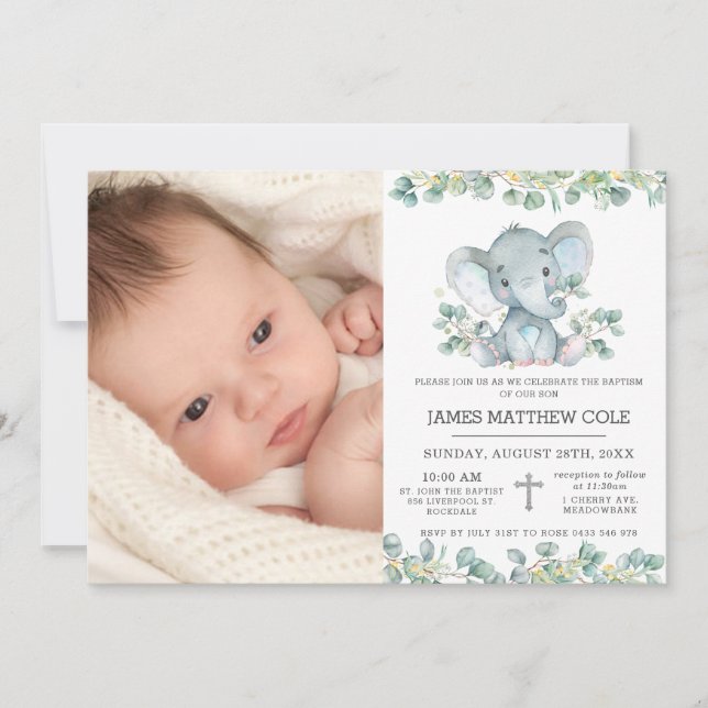 Greenery Blue Elephant Baptism Christening Photo Invitation (Front)