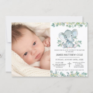 Greenery Blue Elephant Baptism Christening Photo Invitation