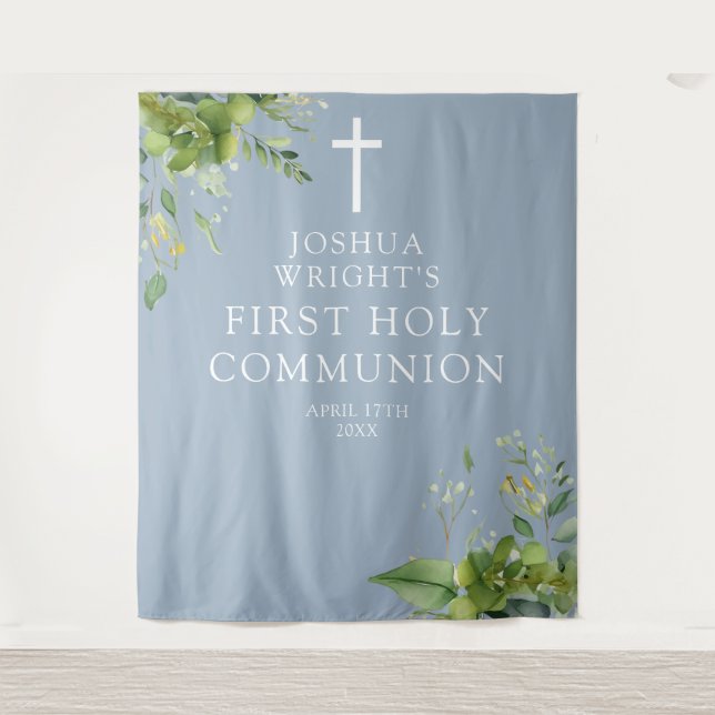 Greenery Blue First Holy Communion Photo Backdrop Tapestry (Front)