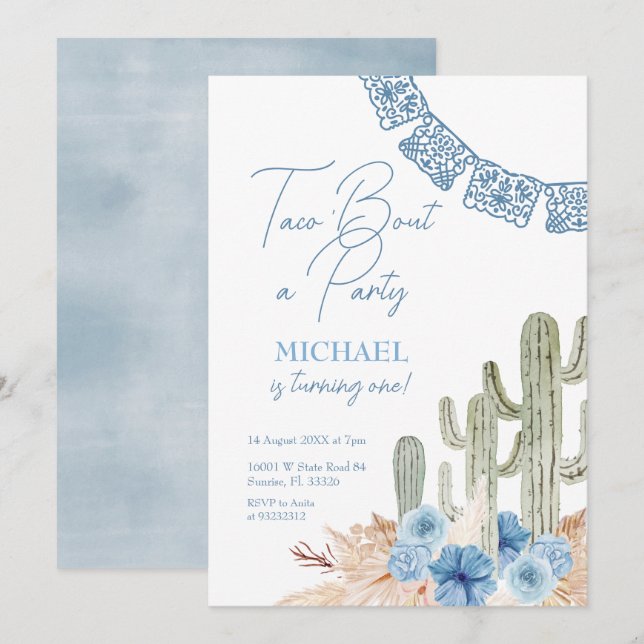 Greenery Blue Floral Birthday Invitation (Front/Back)
