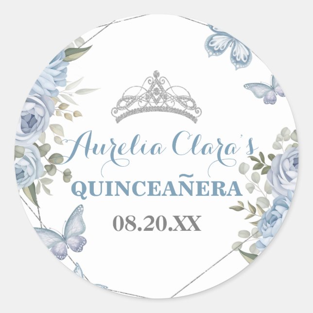 Greenery Blue Floral Butterflies 16th Quinceañera  Classic Round Sticker (Front)