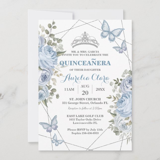 Greenery Blue Floral Butterflies 16th Quinceañera Invitation (Front)