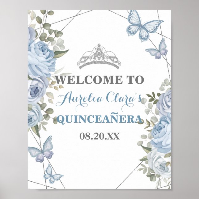 Greenery Blue Floral Butterflies 16th Quinceañera Poster (Front)