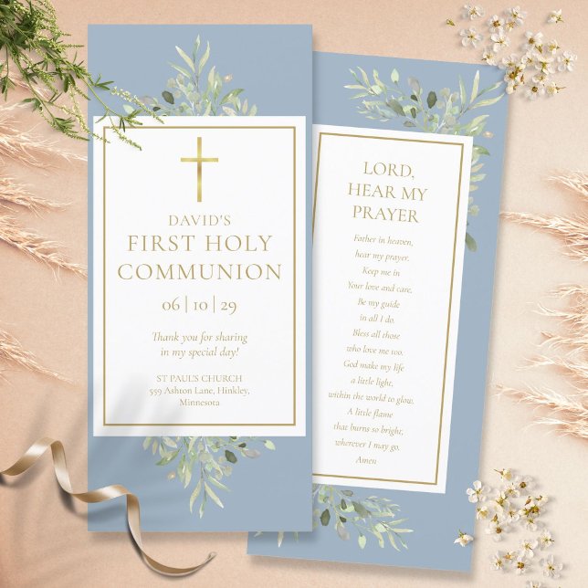 Greenery Blue Holy Communion Prayer Card Bookmark (Creator Uploaded)