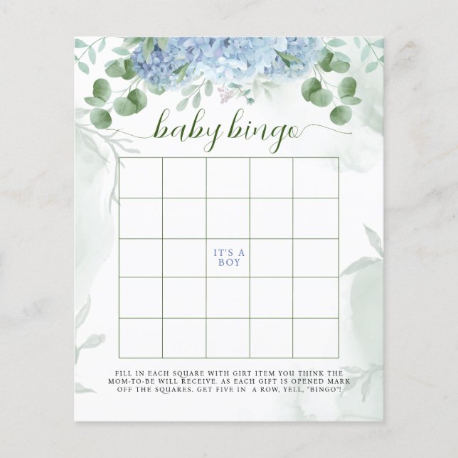 Greenery Blue hydrangea Baby Bingo Baby Shower (Front)