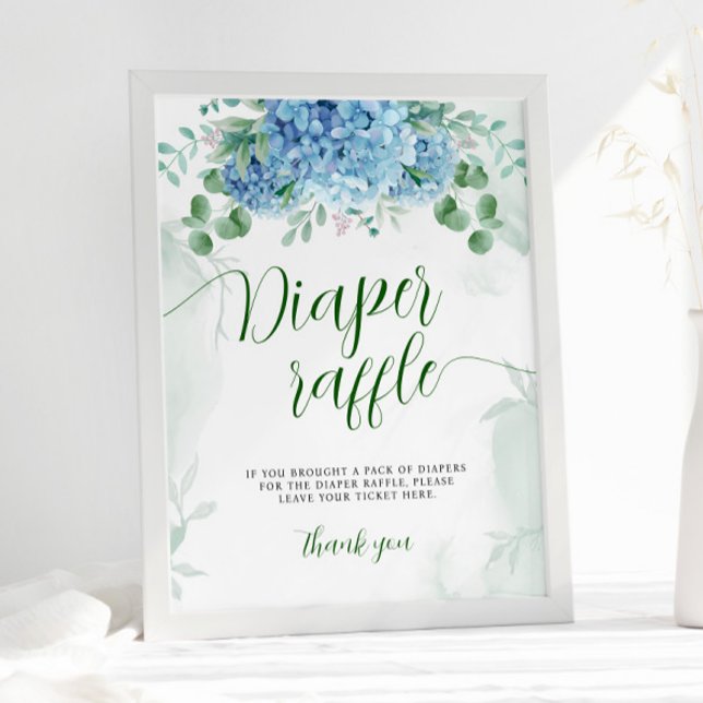 Greenery Blue hydrangea Diaper Raffle Baby Shower Poster (Creator Uploaded)