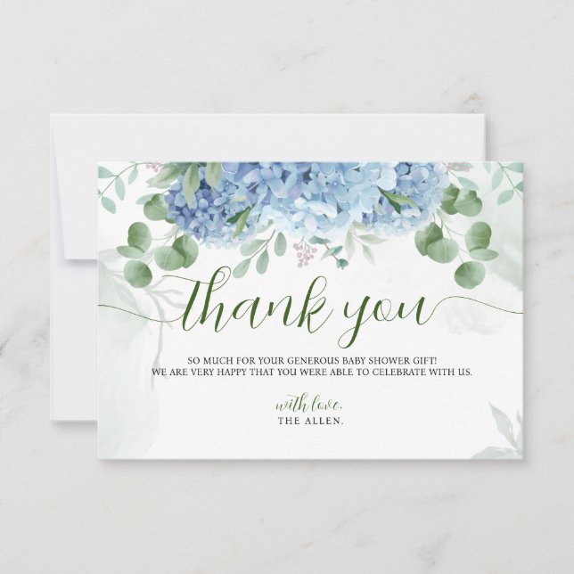 Greenery Blue hydrangea Thank You  Baby Shower Card (Front)