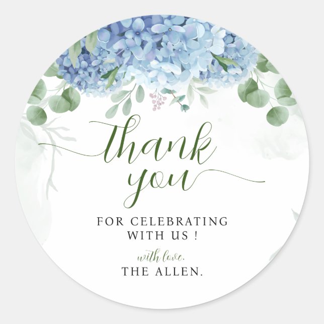 Greenery Blue hydrangea Thank You Baby Shower  Classic Round Sticker (Front)