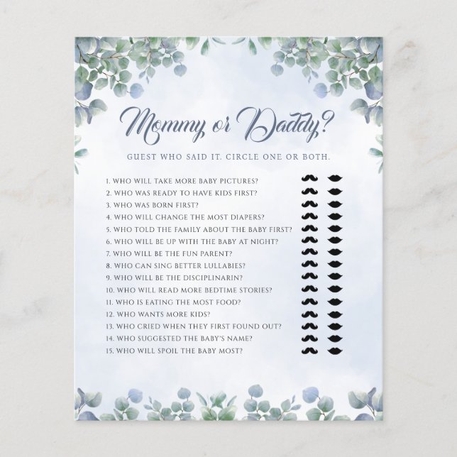 Greenery Blue Mummy or Daddy Baby Shower Game (Front)