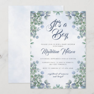 Greenery Blue Watercolor Its a Boy Baby Shower Invitation